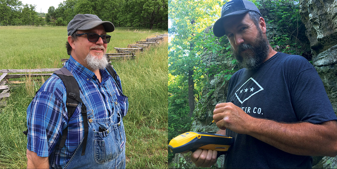LEFT: Jared Pebworth at Pea Ridge National Military Park. RIGHT: Michael Evans mapping during an initial site visit to a bluff shelter in Washington County. LEFT: Jared Pebworth at Pea Ridge National Military Park. RIGHT: Michael Evans mapping during an initial site visit to a bluff shelter in Washington County.