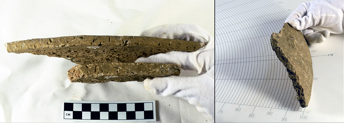 These salt pan rim fragments show so little curvature, they would have come from very large vessels, about 90 – 100 cm in diameter (Joint Educational Consortium Hodges Collection, 1977-1/49, 3HS110, ARASHSUD_N29049 and N29025, photos by M. B. Trubitt and C. Cinotto). 