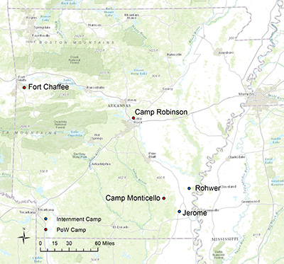 Location of PoW and internment camps in Arkansas.