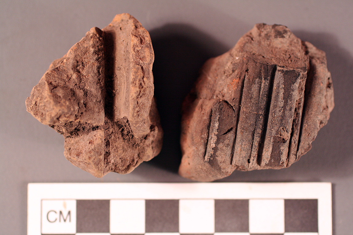 Figure 3: Cane impressions in daub. The daub on the left was pressed onto the outside of the cane and the daub on the right was pushed into the inside of the split cane. Photo by Michelle Rathgaber.