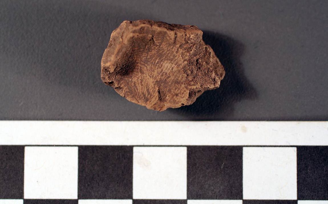 Figure 1: A small piece of daub from the Richard’s Bridge site in northeast Arkansas with a fingerprint pressed into the surface. Photo by Michelle Rathgaber.