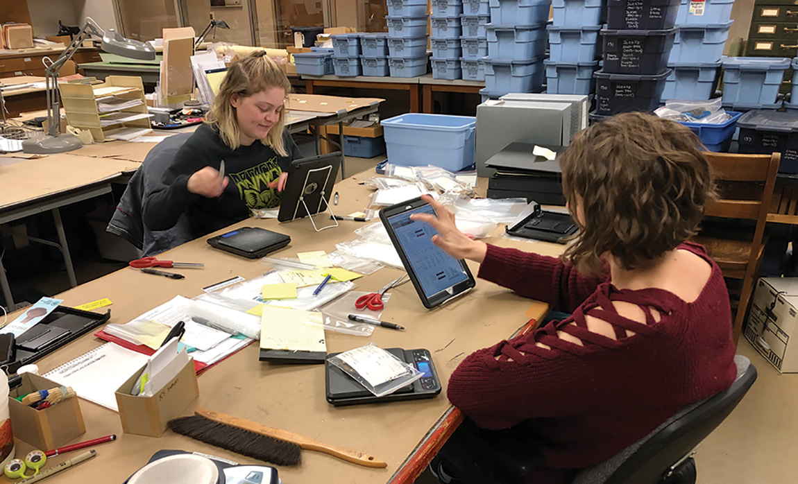 Madelyn Rose and Michelle Rathgaber log artifact collections into a new tablet-based artifact cataloging system developed by the Arkansas Archeological Survey. Madelyn Rose and Michelle Rathgaber log artifact collections into a new tablet-based artifact cataloging system developed by the Arkansas Archeological Survey.