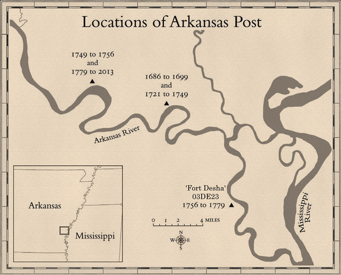 Map drawn by Joseph Swain and originally published in The Arkansas Post of Louisiana (2017) by Morris S. Arnold, University of Arkansas Press, Fayetteville. Used with permission of the author. The “Fort Desha” site name and number have been added.