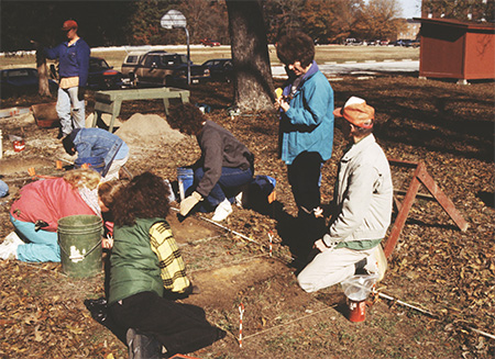 Ann (standing at right) at the J.E.M. Barkman House (3CL450) test excavations with Marvin Jeter and crew in 1993.