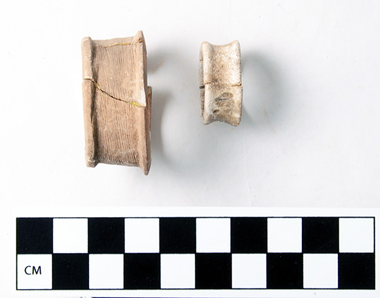  Side views of stone earspool from Standridge structure Feature 12 (left) and bone earspool from Standridge structure Feature 17 (right).