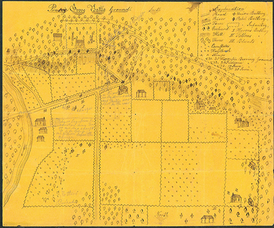 Map of the Prairie Grove Battlefield drawn by Union Solider D.B. Arthur, 1862. Note that North is to the bottom of the map. Image Source: NPS/CAST, Battle of Prairie Grove website.