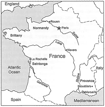 Figure 2. Major faience design and production regions of eighteenth-century France (from Waselkov and Walthall 2002:63).