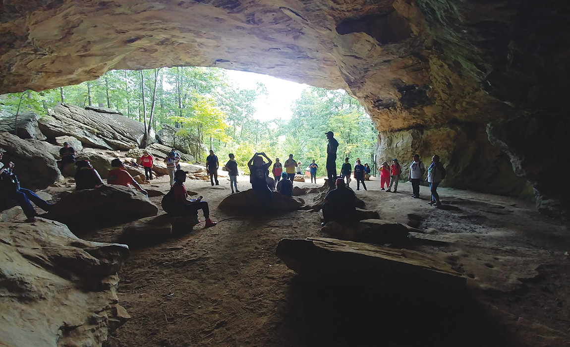 Indian Rockhouse Cave George Sabo with Osage tribal members at Indian Rockhouse Cave