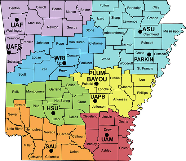 Map of archeological research stations around Arkansas