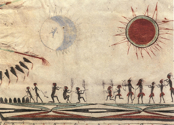 Painting of two groups firing weapons at each other with bow and arrow and long guns under representations of the sun and moon.